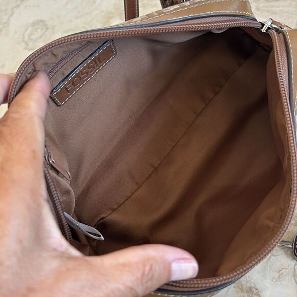 Fossil Khaki Beige Signature Canvas Brown Leather Small Satchel Shoulder Bag - Picture 13 of 16